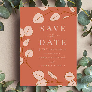 Modern Elegant Simple Leaves Burnt Orange Wedding Save The Date
