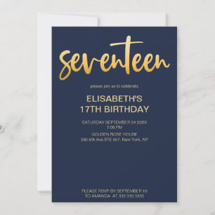 Modern Elegant Simple Navy Blue 17 Birthday Party Invitation