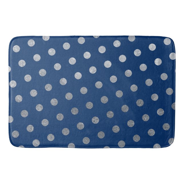  Modern Elegant Simple Navy Blue Silver Polka Dots Bath Mat (Front)