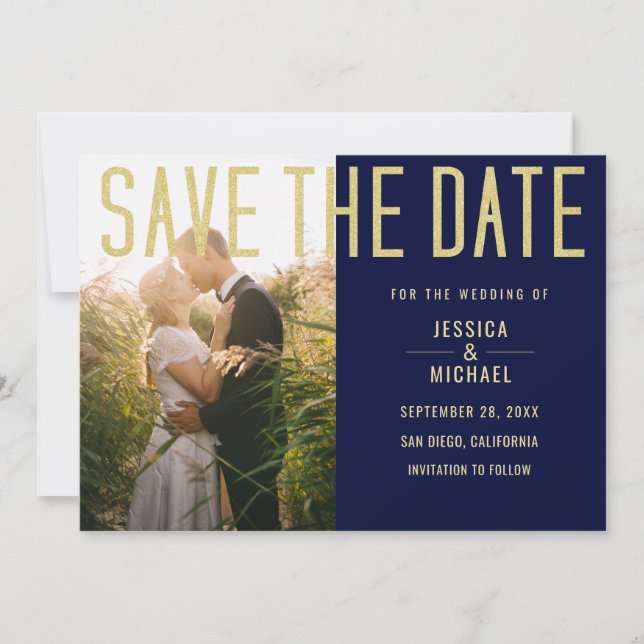 Modern Elegant Simple Navy Deep Blue Photo Wedding Save The Date (Front)