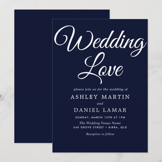 Modern Elegant Simple Script Navy & White Wedding Invitation (Front/Back)