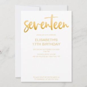 Modern Elegant Simple White/Gold 17 Birthday Party Invitation