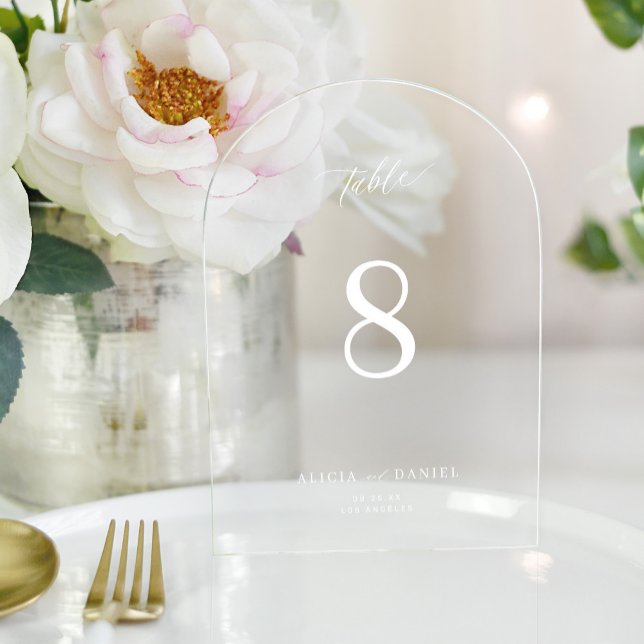 Modern elegant simple white script arch wedding acrylic invitations (Creator Uploaded)