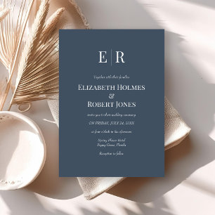 Modern Elegant Slate Blue Monogram Wedding Invitation