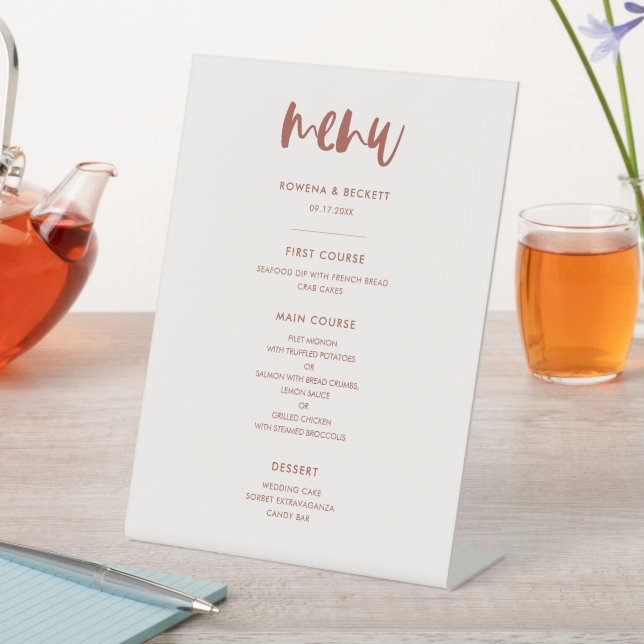 Modern elegant snow pink wedding menu pedestal sign (In SItu)