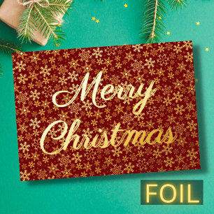 Modern elegant snowflakes Merry Christmas burgundy Foil Holiday Card