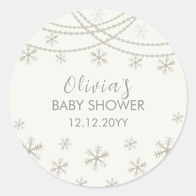 Modern Elegant Snowflakes Winter Baby Shower Classic Round Sticker (Front)
