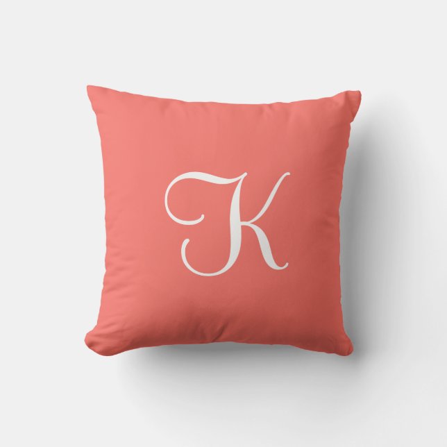 Modern Elegant Solid Coral Pink Custom Monogram Throw Pillow (Front)