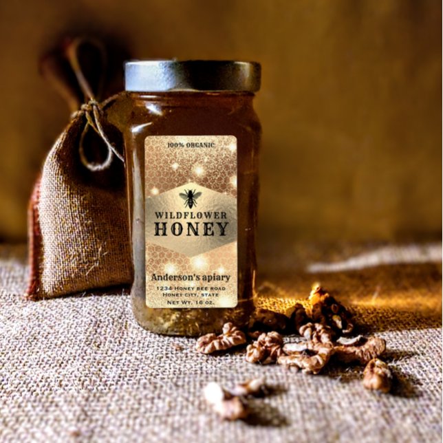 Modern elegant sparkle gold  bee honey jar label (Creator Uploaded)