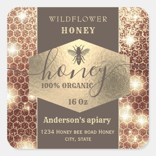 Modern elegant sparkle gold bee logo script honey square sticker (Front)