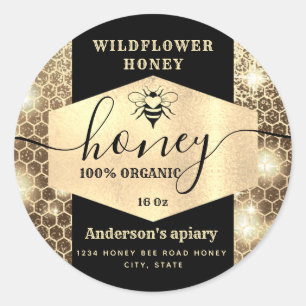 Modern elegant sparkle gold bee script honey clas classic round sticker
