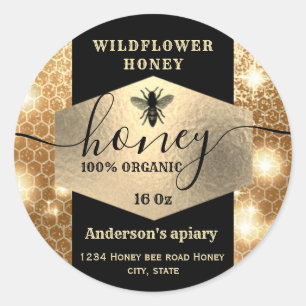 Modern elegant sparkle gold bee  script honey classic round sticker