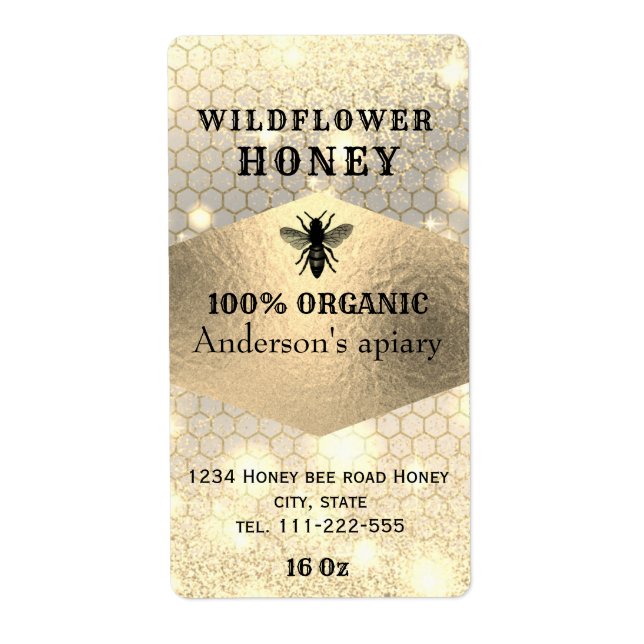 Modern elegant sparkle gold logo bee honey jar (Front)