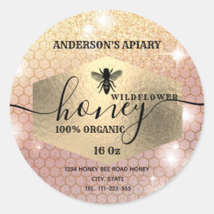 Modern elegant sparkle gold logo bee honey jar classic round sticker