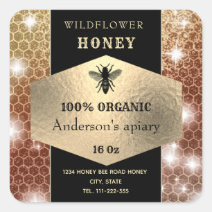 Modern elegant sparkle gold logo bee honey jar square sticker