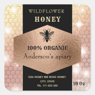 Modern elegant sparkle rosegold logo bee honey jar square sticker