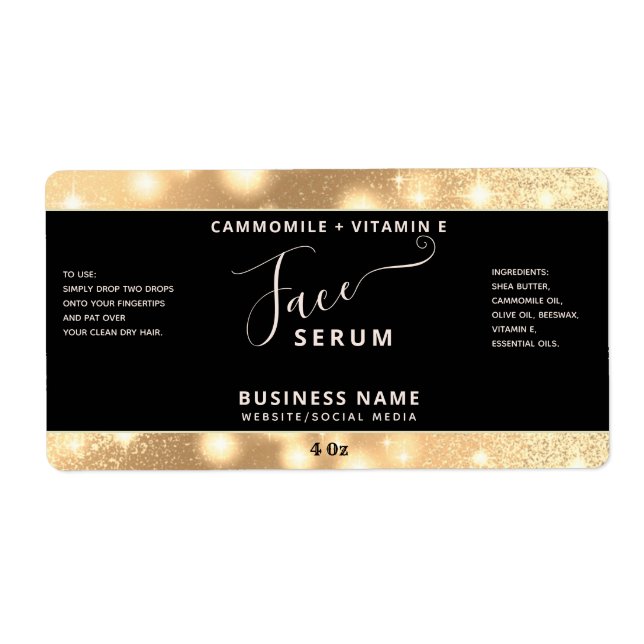 Modern elegant  sparkle script face serum label (Front)