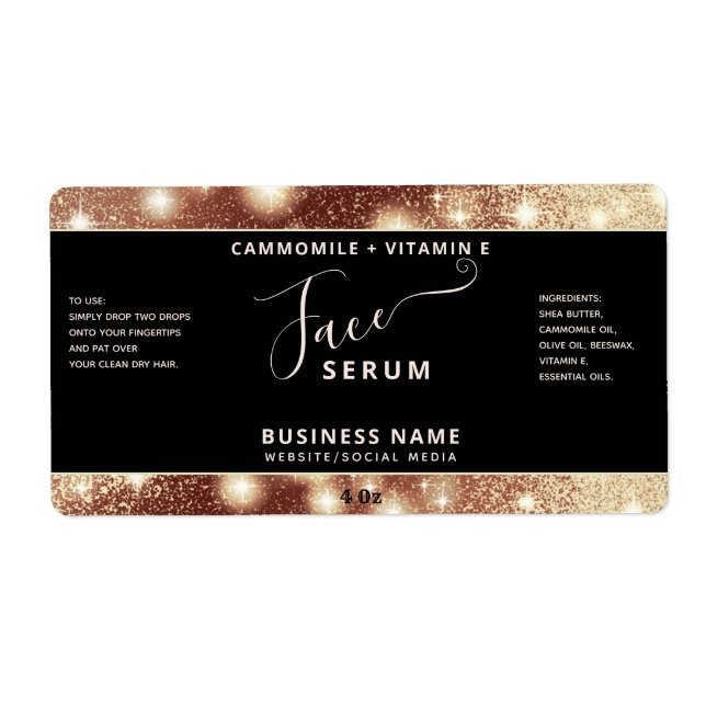 Modern elegant  sparkle script face serum label (Front)