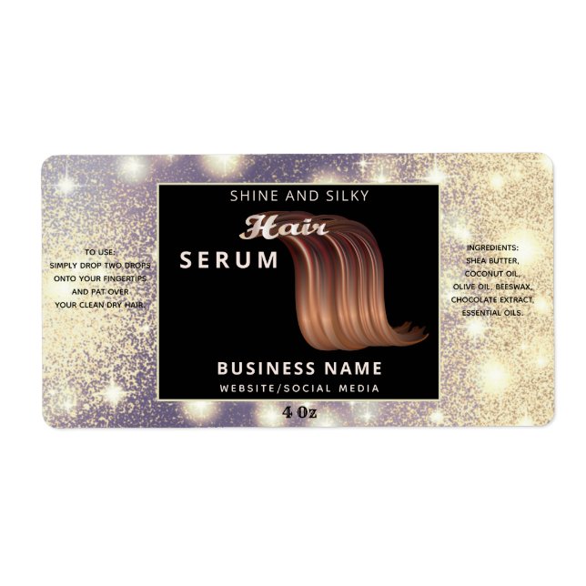 Modern elegant  sparkle script hair serum label (Front)