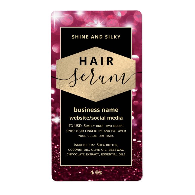 Modern elegant  sparkle script hair serum label (Front)