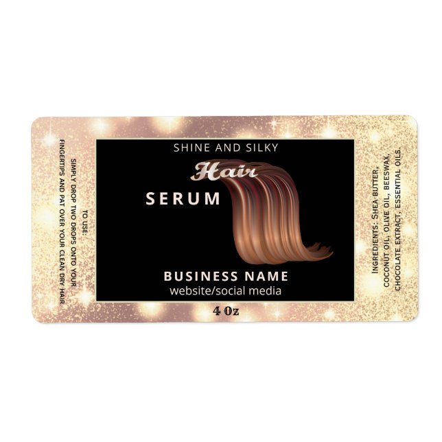 Modern elegant  sparkle script hair serum label (Front)