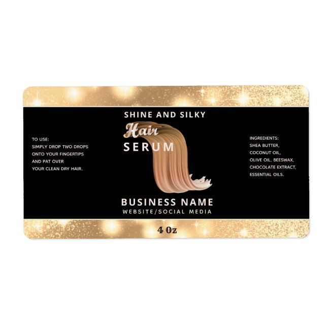 Modern elegant  sparkle script hair serum label (Front)