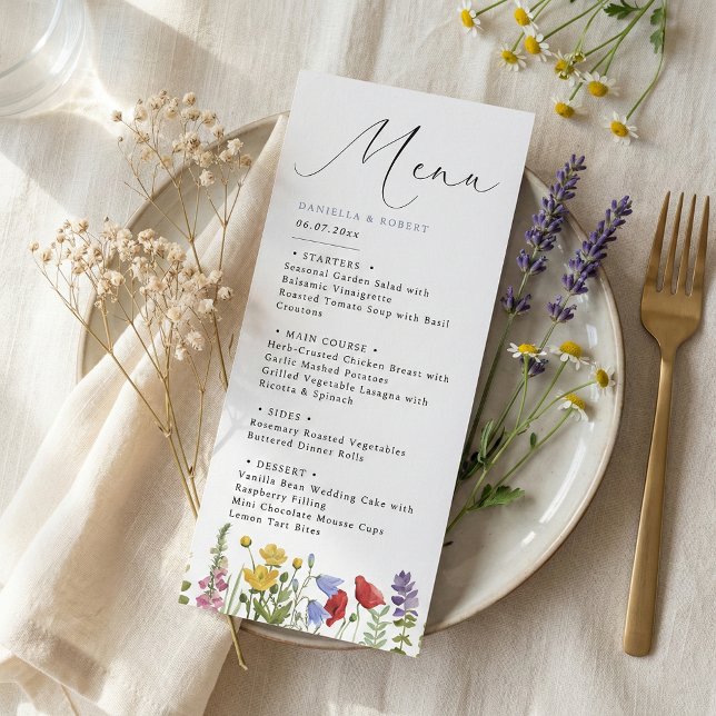 Modern Elegant Spring Summer Wildflower Wedding Menu (elegant modern minimalist wildflower wedding menu card in script calligraphy)