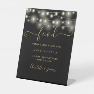 Modern Elegant String Lights Black Gold Food Menu Pedestal Sign