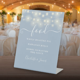 Modern Elegant String Lights Dusty Blue Food Menu Pedestal Sign