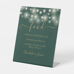 Modern Elegant String Lights Green Gold Food Menu Pedestal Sign