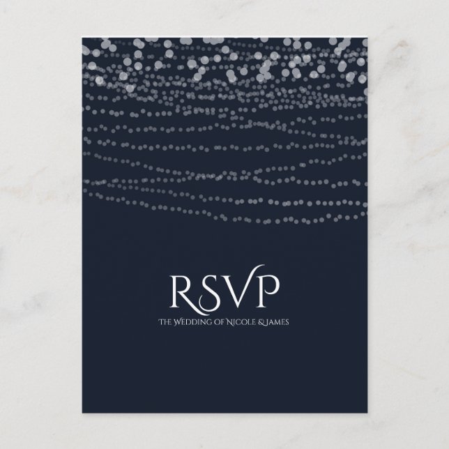 Modern Elegant String of Lights Blue Wedding RSVP Invitation Postcard (Front)