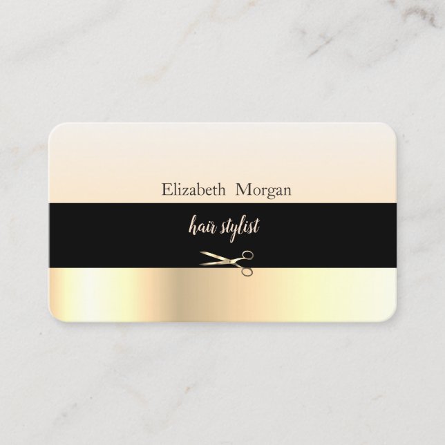 Modern Elegant Striped  Black,Gold,Scissors Business Card (Front)