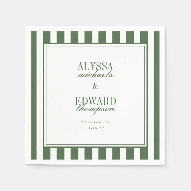 Modern Elegant Striped Olive Green Script Wedding Napkin (Front)