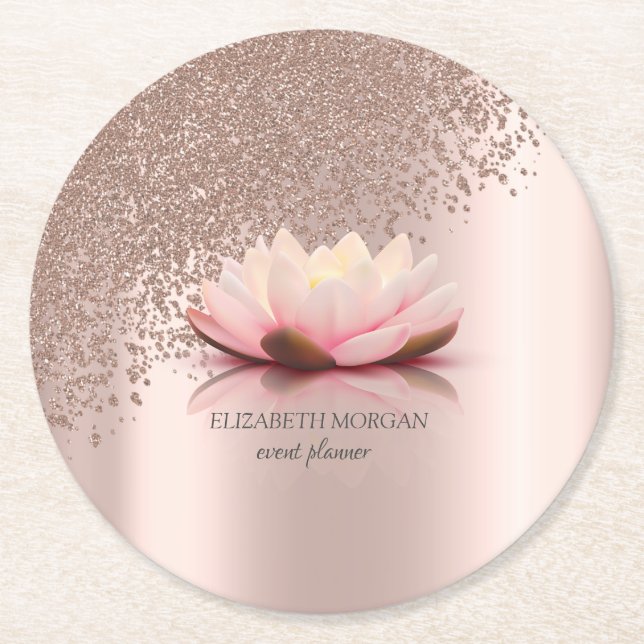 Modern Elegant Stylish Rose Gold Diamonds Lotus Round Paper Coaster (Front)