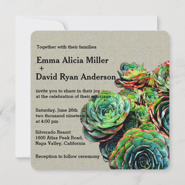 Modern Elegant Succulents Burlap Wedding Invites (Front)