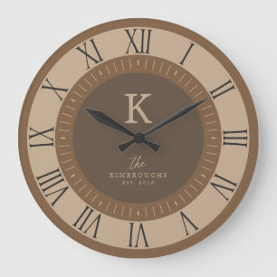 Modern Elegant Tan Mousse Brown Monogram Family Large Clock