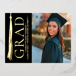 Modern Elegant Tassel Custom Photo Graduation Foil Holiday Postcard