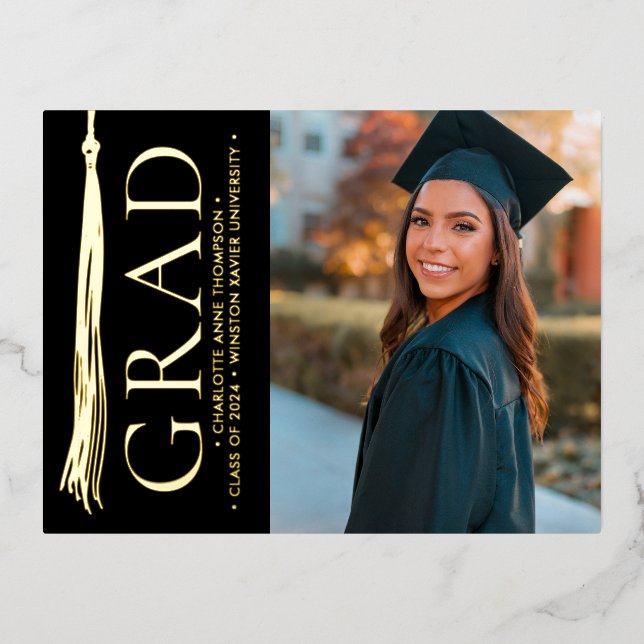 Modern Elegant Tassel Custom Photo Graduation Foil Holiday Postcard (Front)