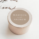 Modern Elegant Taupe Personalized Wedding Classic Round Sticker<br><div class="desc">Seal your invitation envelopes or favours with our elegant wedding stickers. The custom wedding stickers feature your names in a white calligraphy script with a taupe background or colour of your choice. Design coordinates with our Modern Elegance wedding collection.</div>