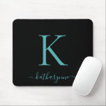 Modern Elegant Teal Aqua Monogram Script Black Mouse Pad<br><div class="desc">Modern Elegant Teal Aqua Blue Monogram Script on a chic black mouse pad. Easy to customize with your own name and details. Perfect for your modern minimalist yet luxury lifestyle! Please contact us at cedarandstring@gmail.com if you need assistance with the design or matching products.</div>