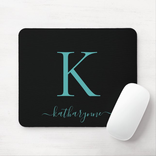 Modern Elegant Teal Aqua Monogram Script Black Mouse Pad (With Mouse)