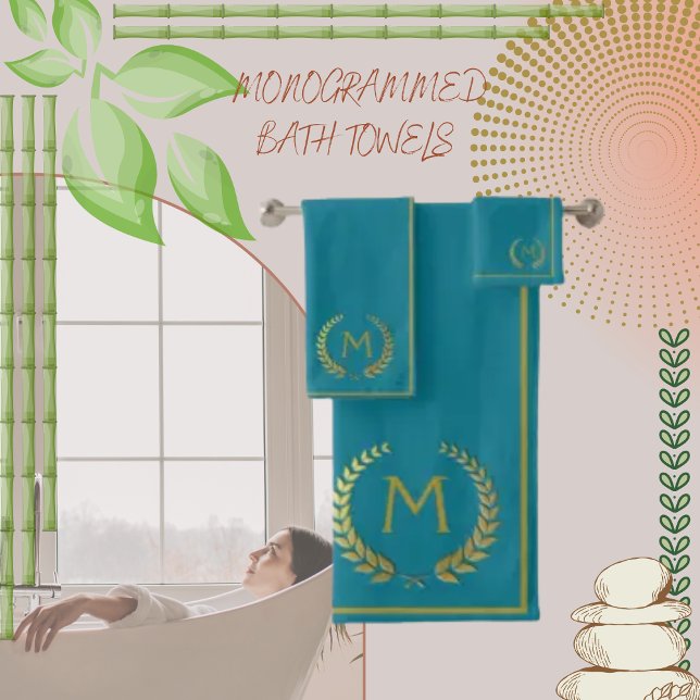 Modern Elegant Teal Gold Chic Monogramed Bath Towel Set (Creator Uploaded)