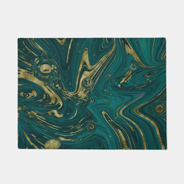 Modern Elegant Teal Green & Gold Marble Swirl    Doormat (Front)