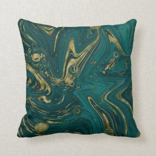 Modern Elegant Teal Green & Gold Marble Swirl   Throw Pillow
