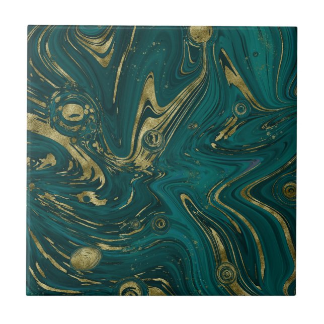 Modern Elegant Teal Green & Gold Marble Swirl   Tile (Front)