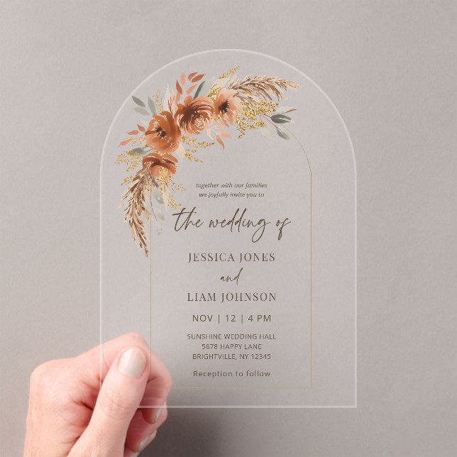 Modern Elegant Terracotta Fall Floral Wedding  Acrylic Invitations (Insitu (Handheld))