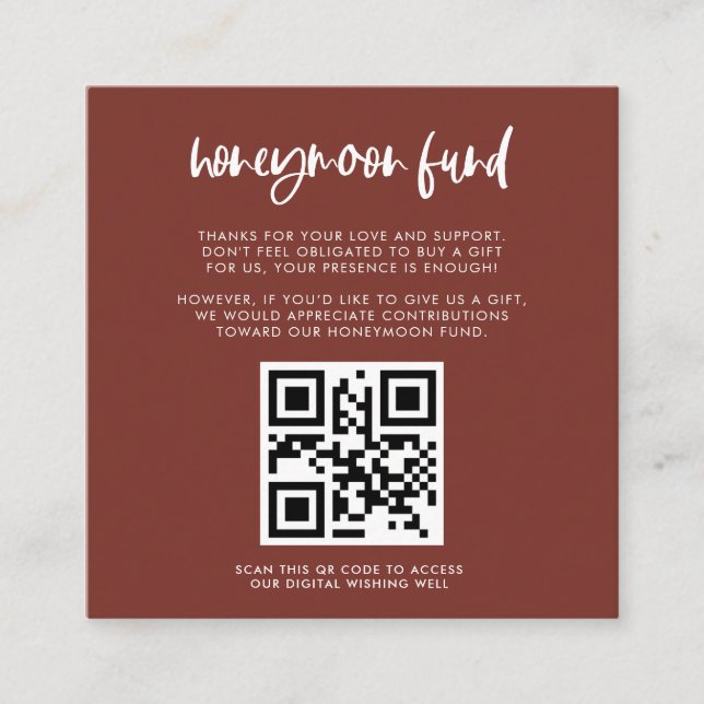 Modern elegant terracotta Honeymoon fund QR code Enclosure Card (Front)