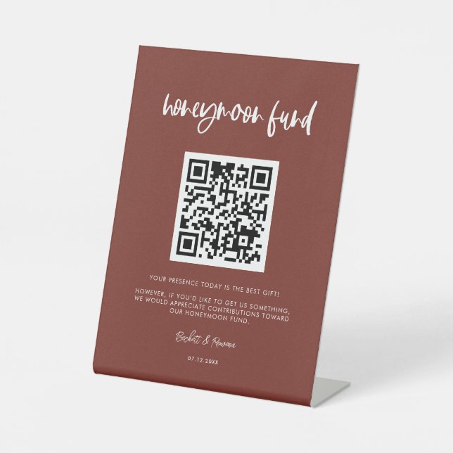 Modern elegant terracotta Honeymoon fund QR code Pedestal Sign (Front)
