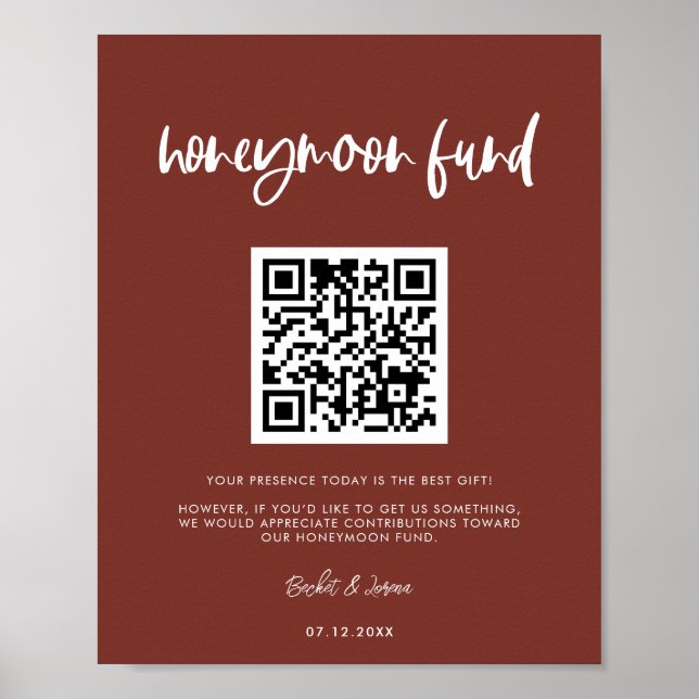 Modern elegant terracotta Honeymoon fund QR code Poster (Front)