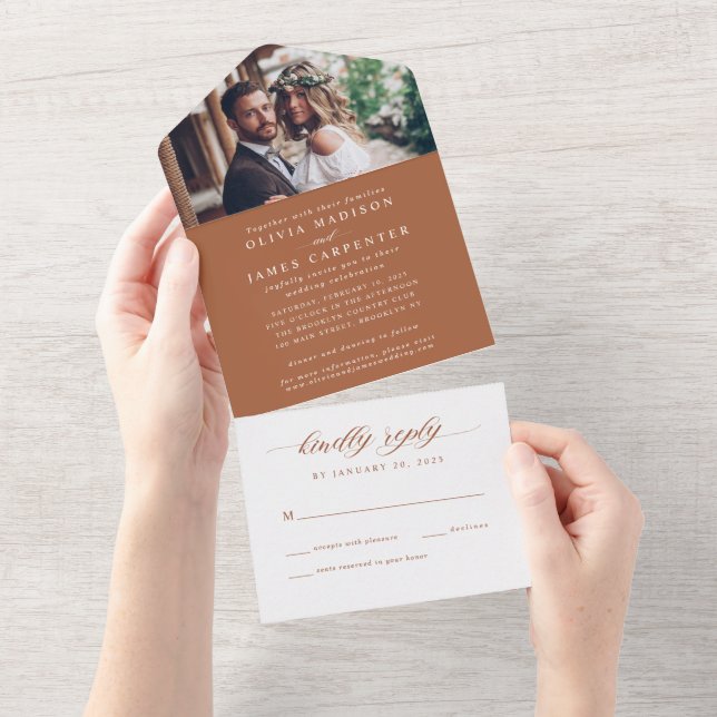 Modern Elegant Terracotta Photo RSVP Wedding All In One Invitation (Tearaway)